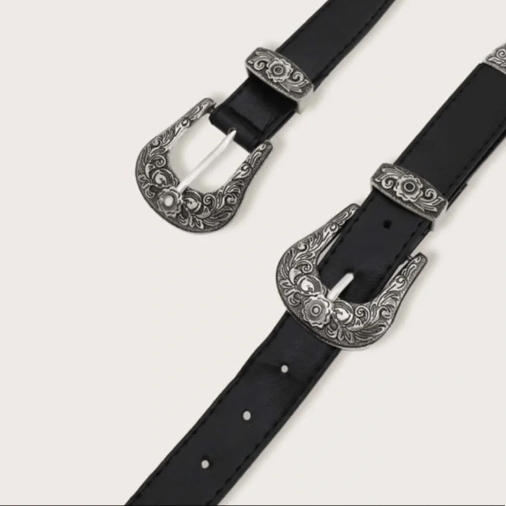 Boho western style double buckle vegan leather belt